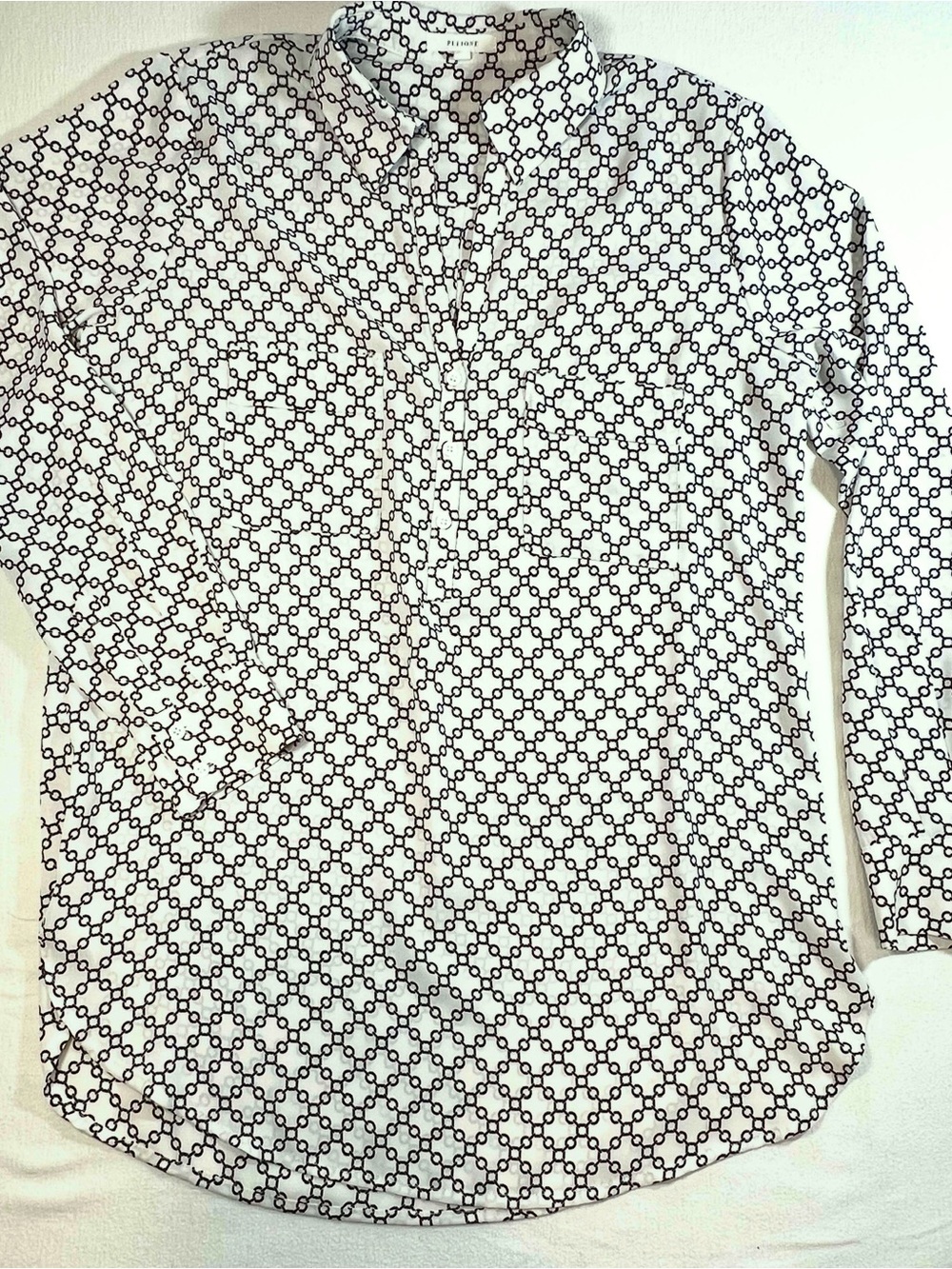 Pleione Silky White Button-Down Blouse with Black Geometric Print -Size S